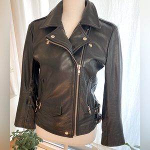 Classic black leather motorcycle jacket by OAK.